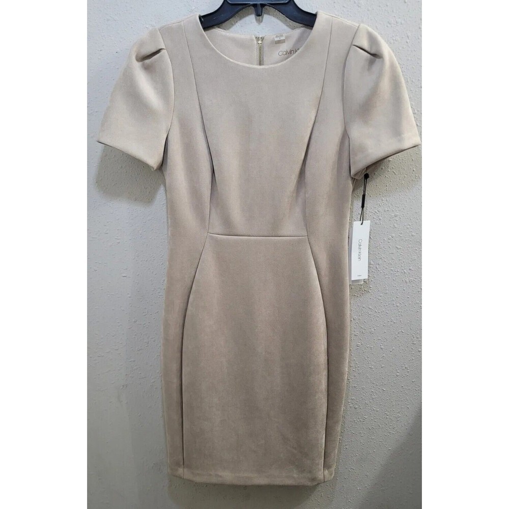 Calvin Klein Sleeveless Round Neck Faux Suede Trim Beige Dress Sz 8, NWT